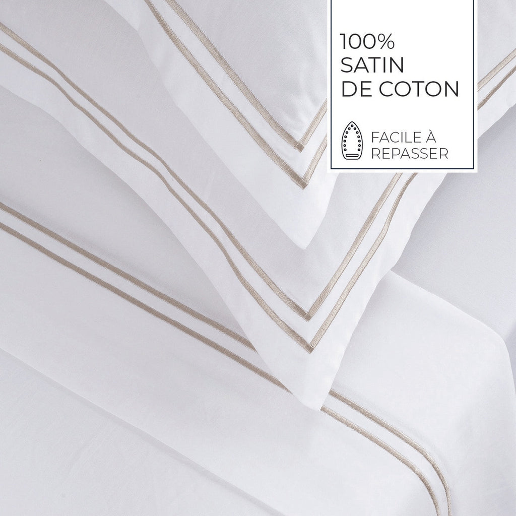 Biarritz - Ensemble De Draps - Satin De Coton - Taupe / Blanc