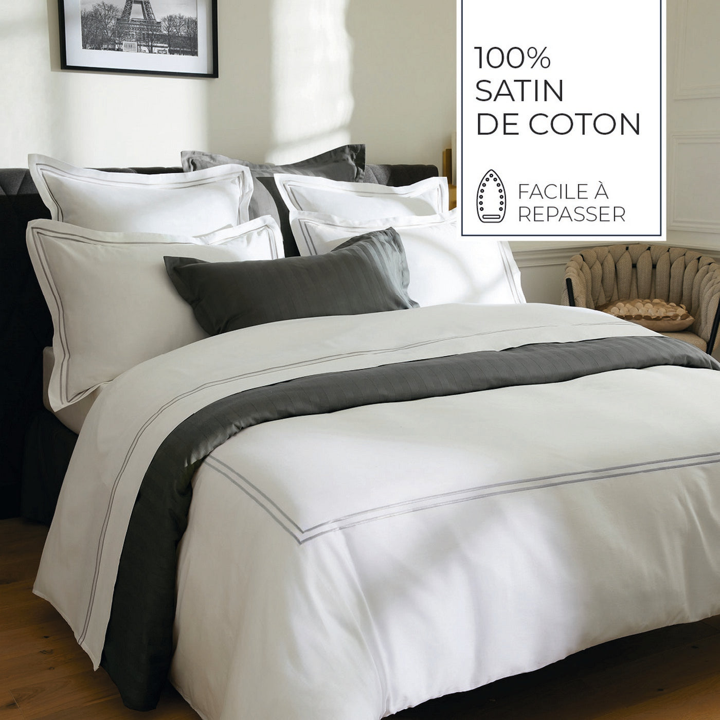 Biarritz - Drap Plat - Satin De Coton - Grey / Blanc