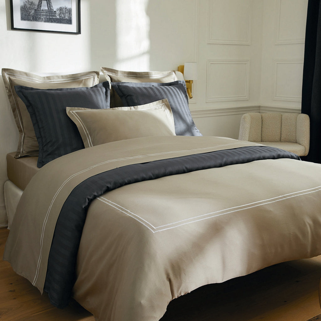 Biarritz - Drap Plat - Satin De Coton - Blanc / Taupe