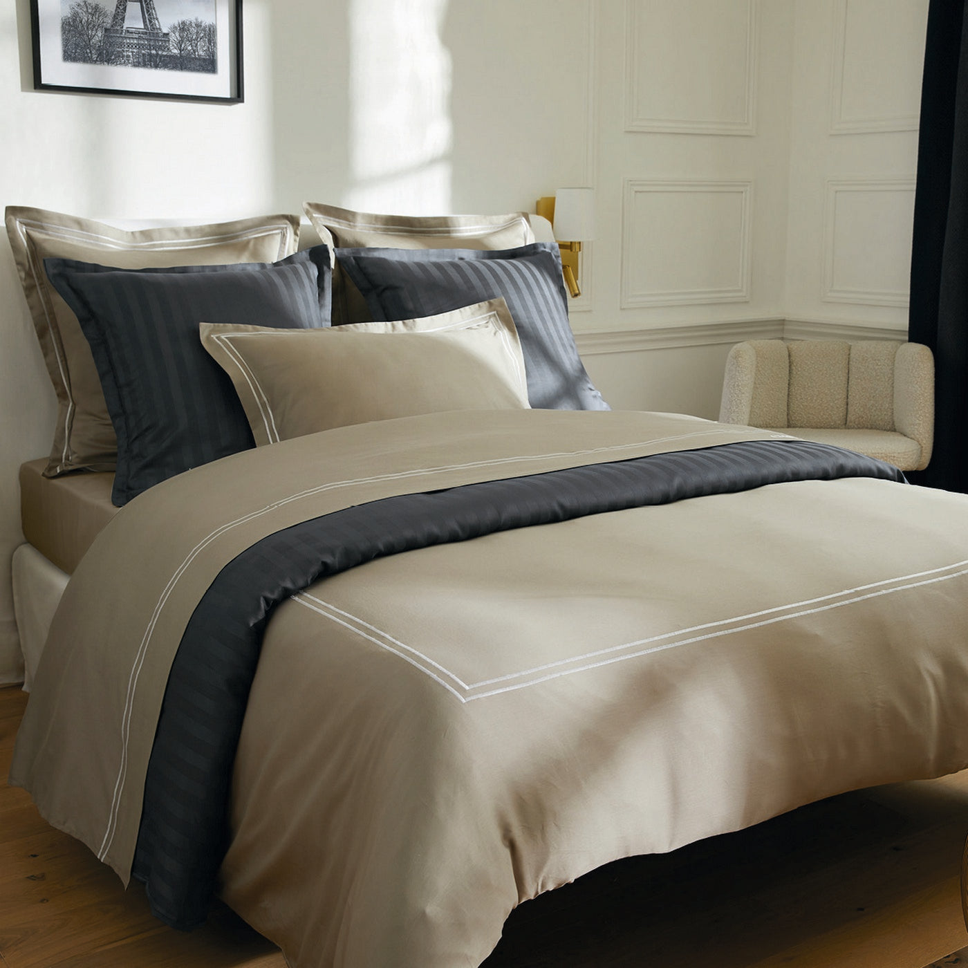 Biarritz - Drap Plat - Satin De Coton - Blanc / Taupe