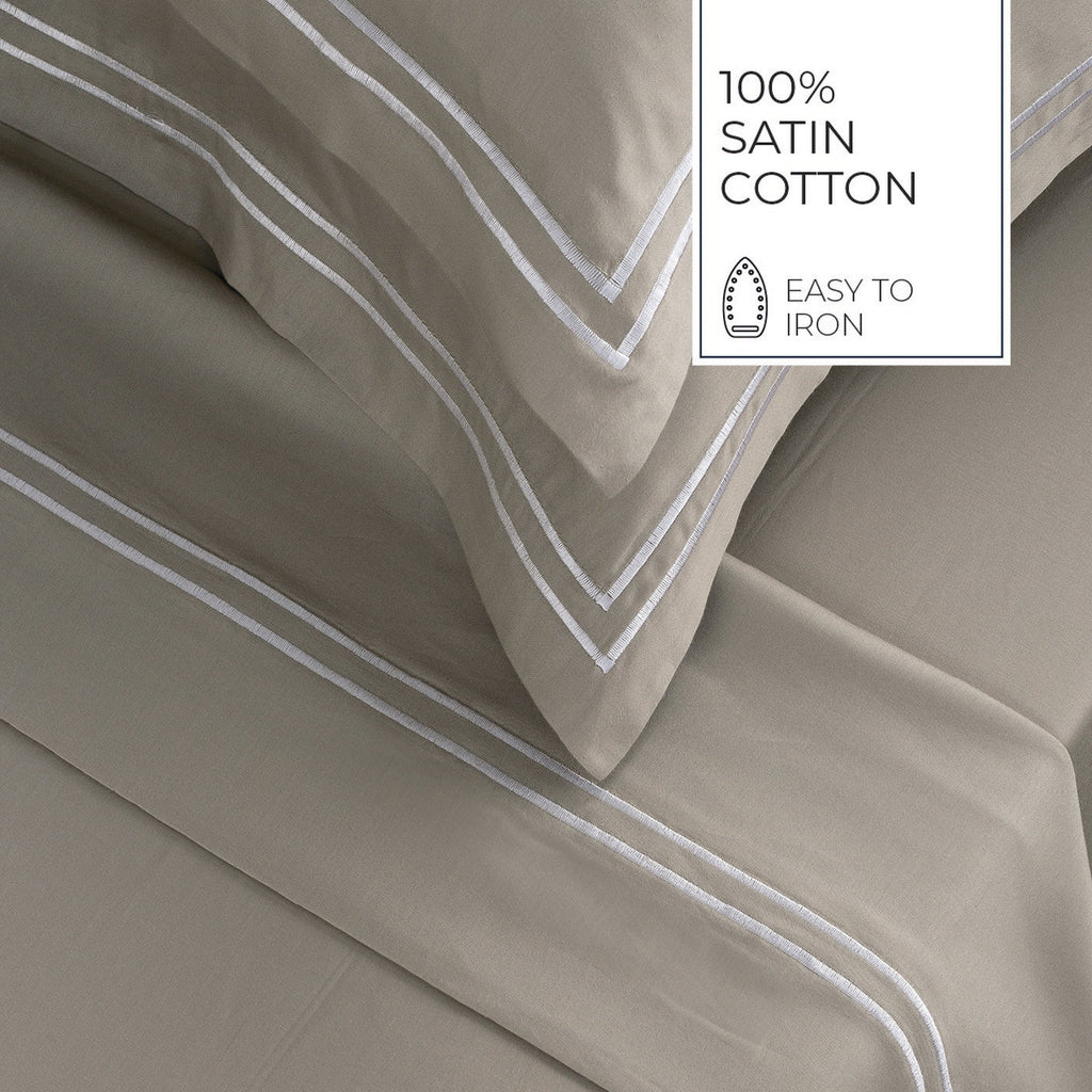 Biarritz - Ensemble De Draps - Satin De Coton - Blanc / Taupe