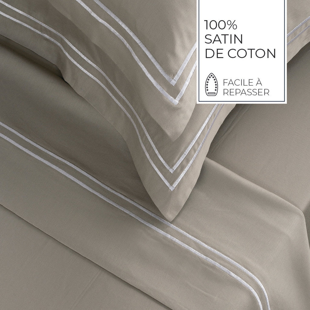 Biarritz - Ensemble De Draps - Satin De Coton - Blanc / Taupe
