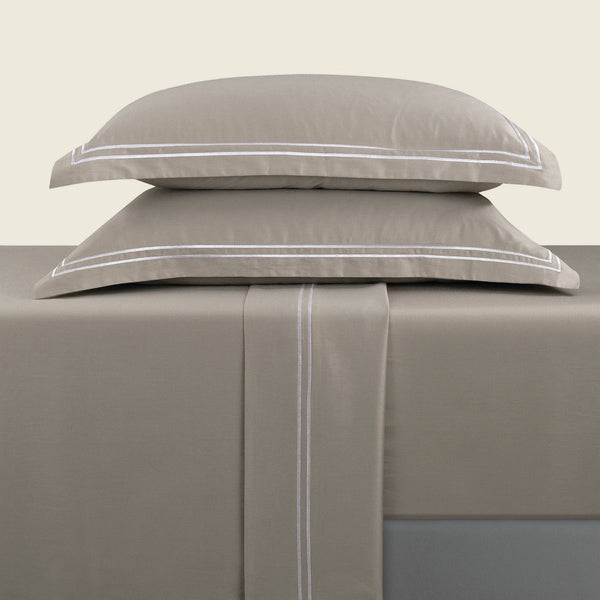 Biarritz - Ensemble De Draps - Satin De Coton - Blanc / Taupe