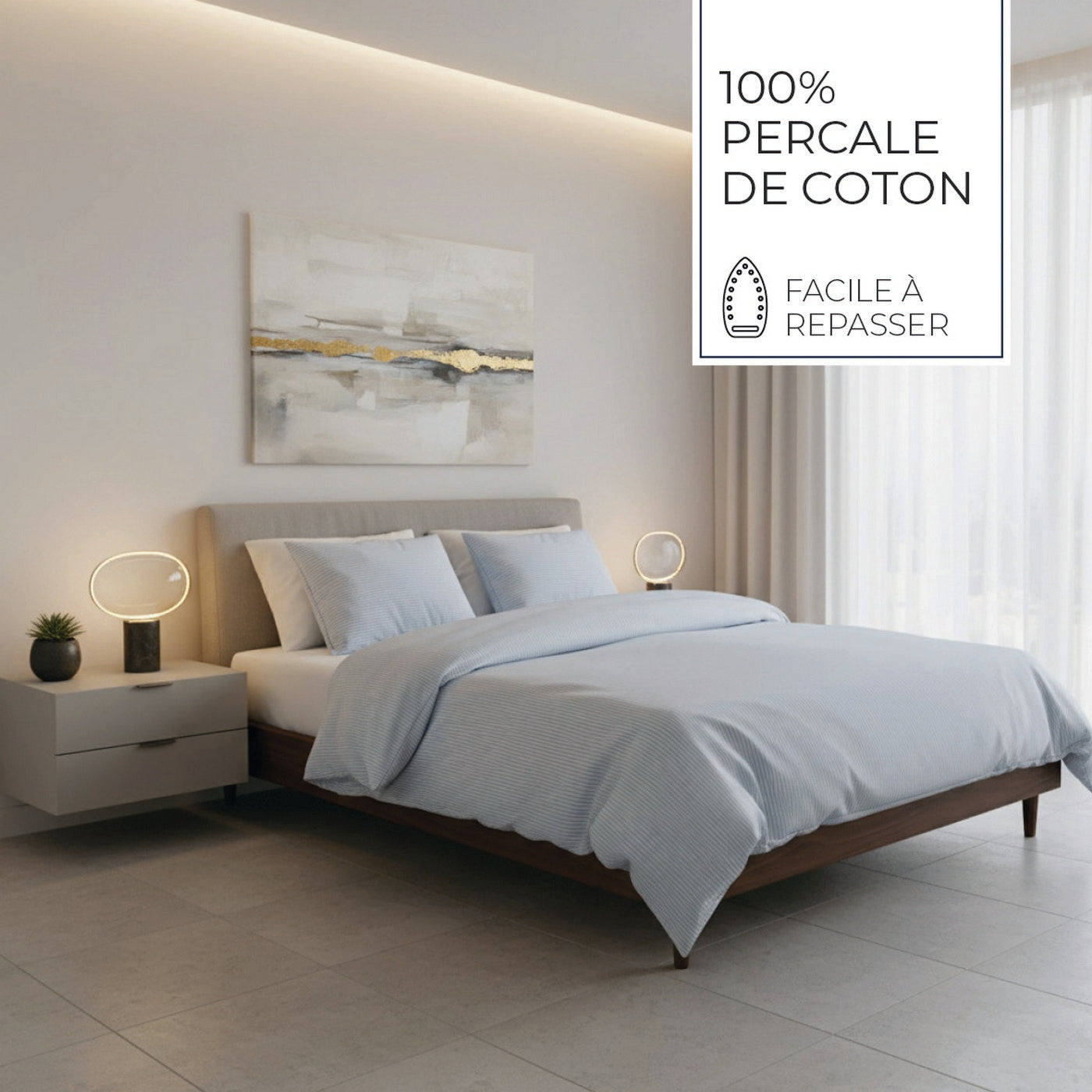 Grenoble - Drap Plat Coton Percale - Bleu Clair