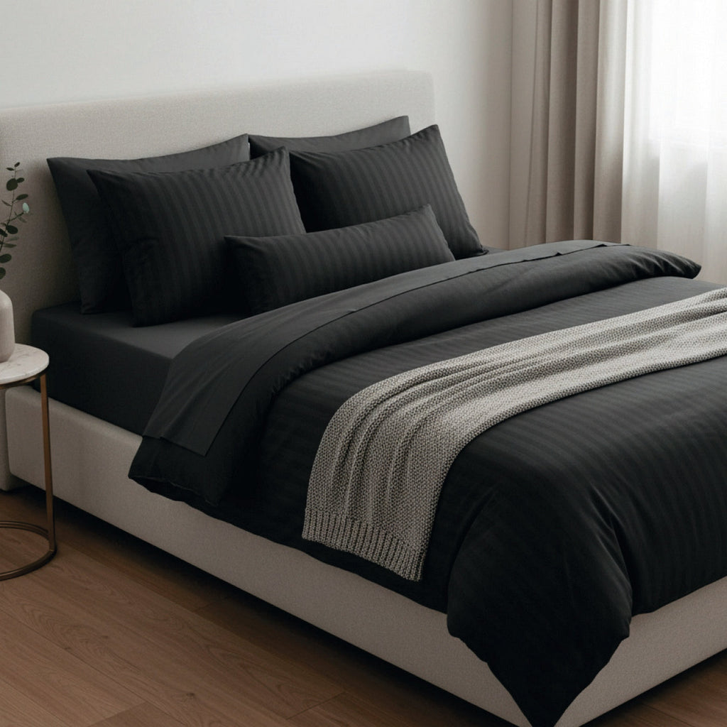 Jacquard - Housse De Couette + 1 Ou 2 Taie(S) D'Oreiller - Satin De Coton Rayure Tissé Dobby - Gris 03