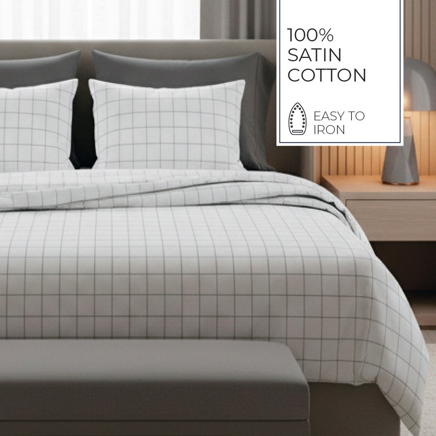 Simples Carreaux - Housse De Couette + 1 Ou 2 Taie(S) D'Oreiller - Satin De Coton - Blanc / Taupe