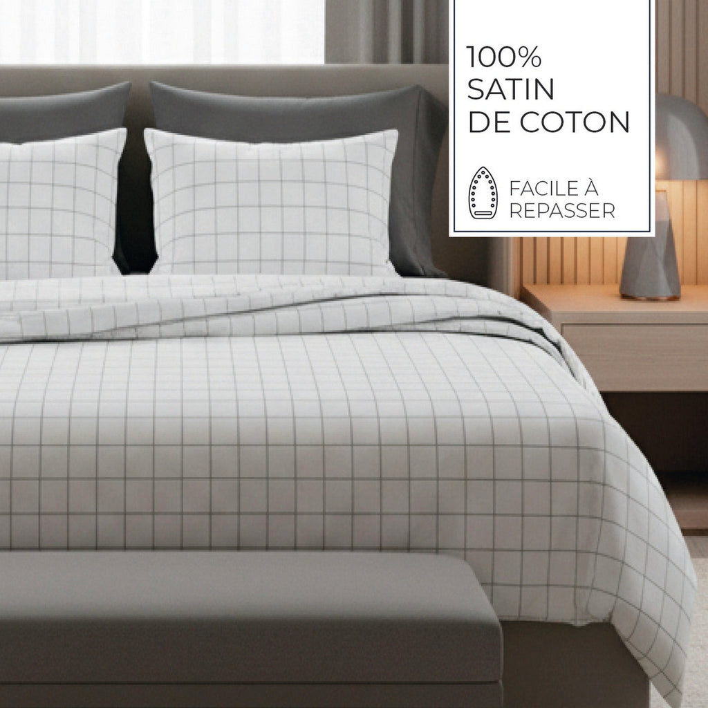 Simples Carreaux - Housse De Couette + 1 Ou 2 Taie(S) D'Oreiller - Satin De Coton - Blanc / Taupe