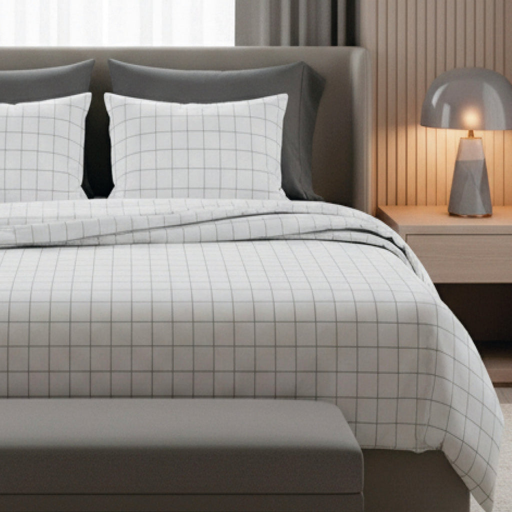 Simples Carreaux - Housse De Couette + 1 Ou 2 Taie(S) D'Oreiller - Satin De Coton - Blanc / Taupe