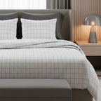 Simples Carreaux - Housse De Couette + 1 Ou 2 Taie(S) D'Oreiller - Satin De Coton - Blanc / Taupe