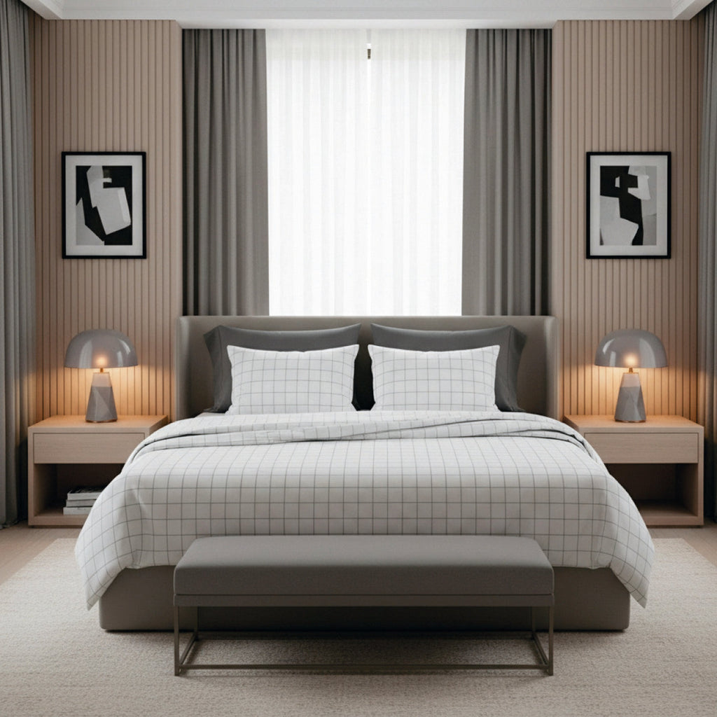 Simples Carreaux - Housse De Couette + 1 Ou 2 Taie(S) D'Oreiller - Satin De Coton - Blanc / Taupe
