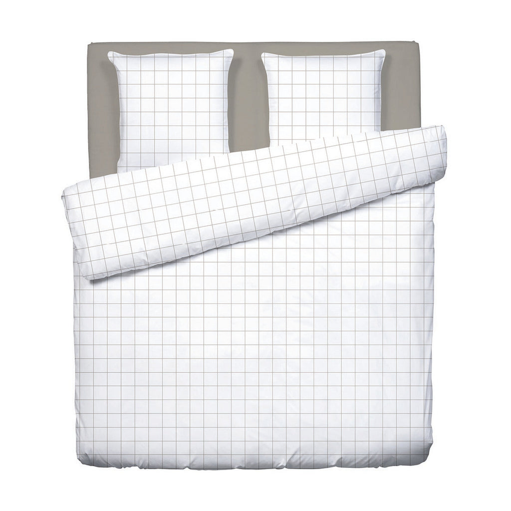 Simples Carreaux - Housse De Couette + 1 Ou 2 Taie(S) D'Oreiller - Satin De Coton - Blanc / Taupe
