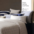 Simples Carreaux - Housse De Couette + 1 Ou 2 Taie(S) D'Oreiller - Satin De Coton - Blanc / Bleu