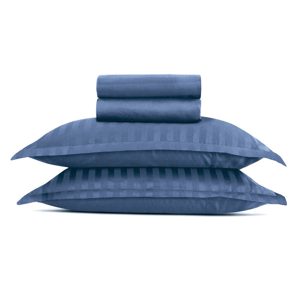 Jacquard - Ensemble De Draps - Satin De Coton Rayure Tissé Dobby - Bleu 06