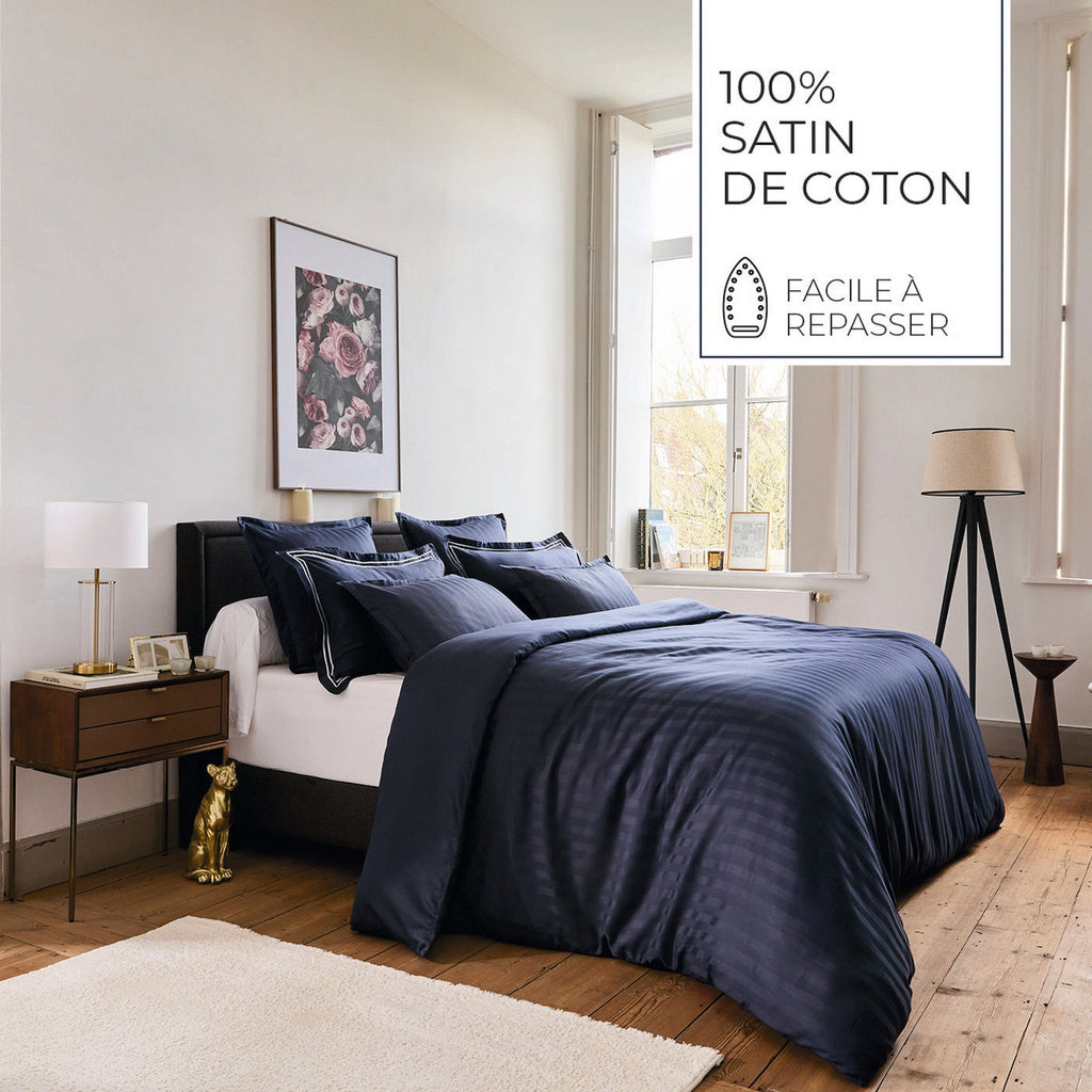 Jacquard - Set De 2 Taies D'Oreiller - Satin De Coton Rayure Tissé Dobby - Bleu 11
