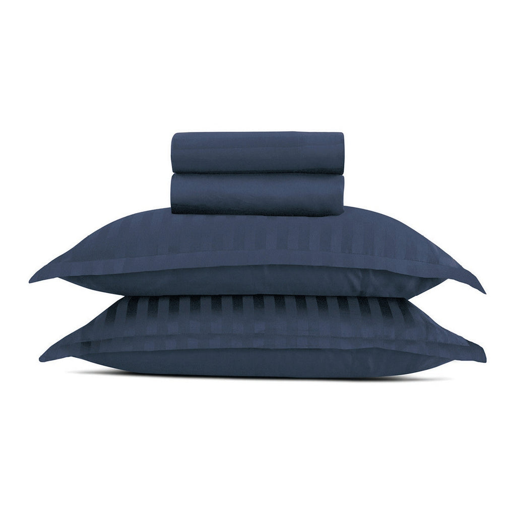 Jacquard - Ensemble De Draps - Satin De Coton Rayure Tissé Dobby - Bleu 11