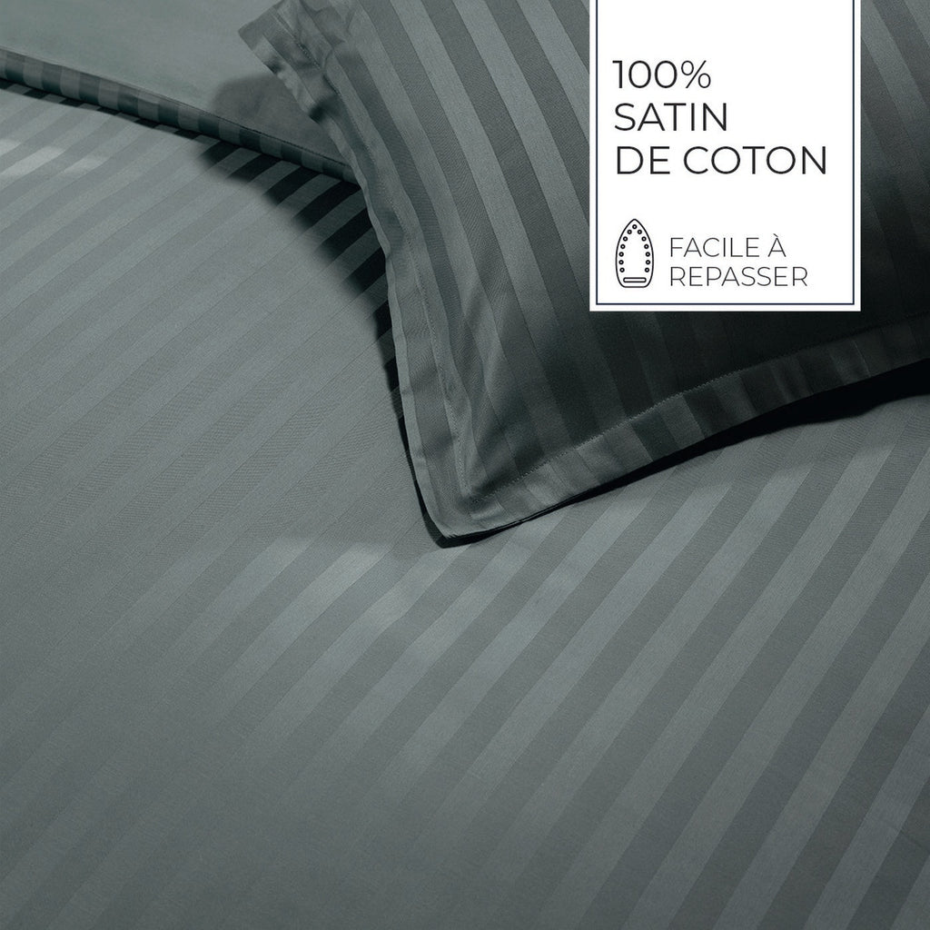 Jacquard - Housse De Couette + 1 Ou 2 Taie(S) D'Oreiller - Satin De Coton Rayure Tissé Dobby - Gris 02