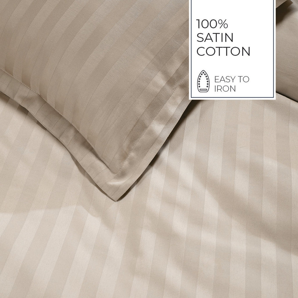 Jacquard - Housse De Couette + 1 Ou 2 Taie(S) D'Oreiller - Satin De Coton Rayure Tissé Dobby - Taupe 01