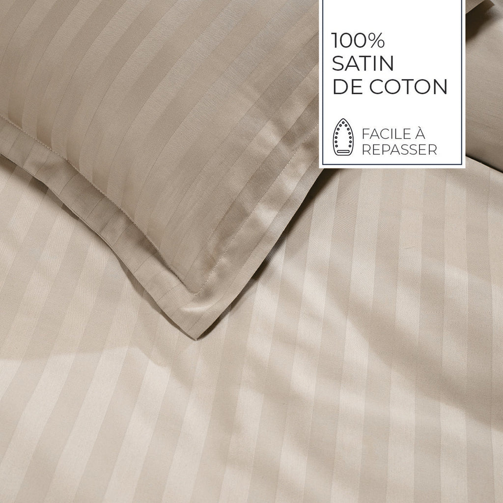 Jacquard - Housse De Couette + 1 Ou 2 Taie(S) D'Oreiller - Satin De Coton Rayure Tissé Dobby - Taupe 01
