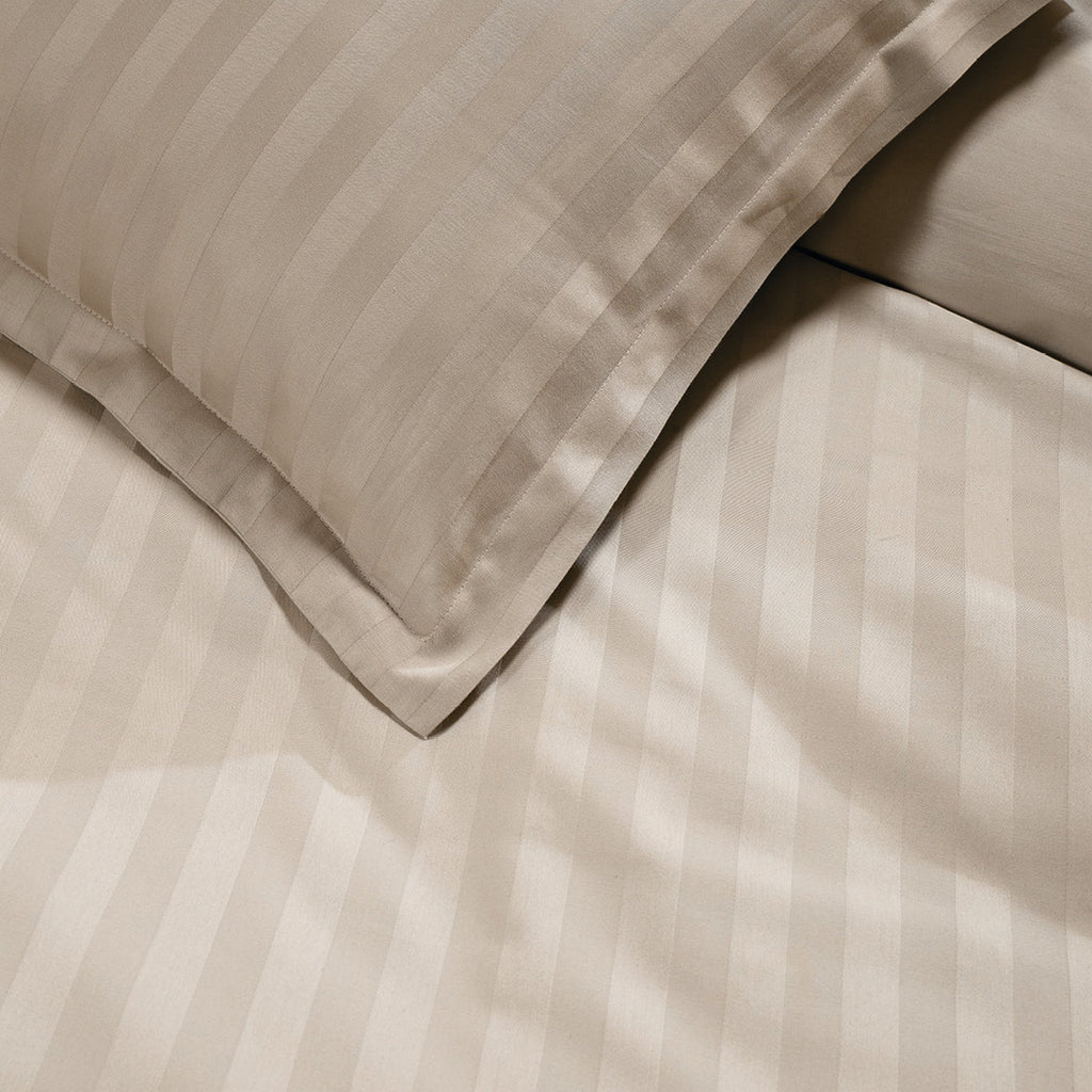 Jacquard - Housse De Couette + 1 Ou 2 Taie(S) D'Oreiller - Satin De Coton Rayure Tissé Dobby - Taupe 01