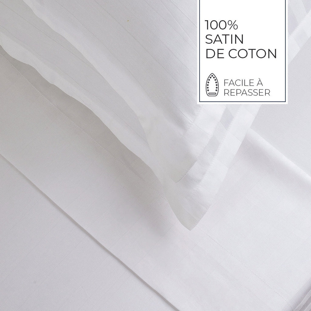 Jacquard - Housse De Couette + 1 Ou 2 Taie(S) D'Oreiller - Satin De Coton Rayure Tissé Dobby - Blanc 01