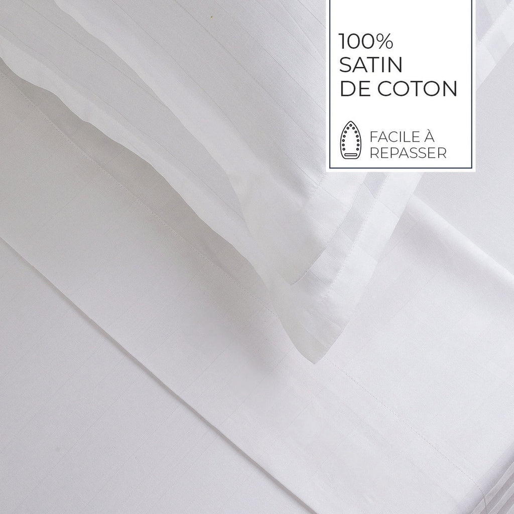 Jacquard - Ensemble De Draps - Satin De Coton Rayure Tissé Dobby - Blanc 01
