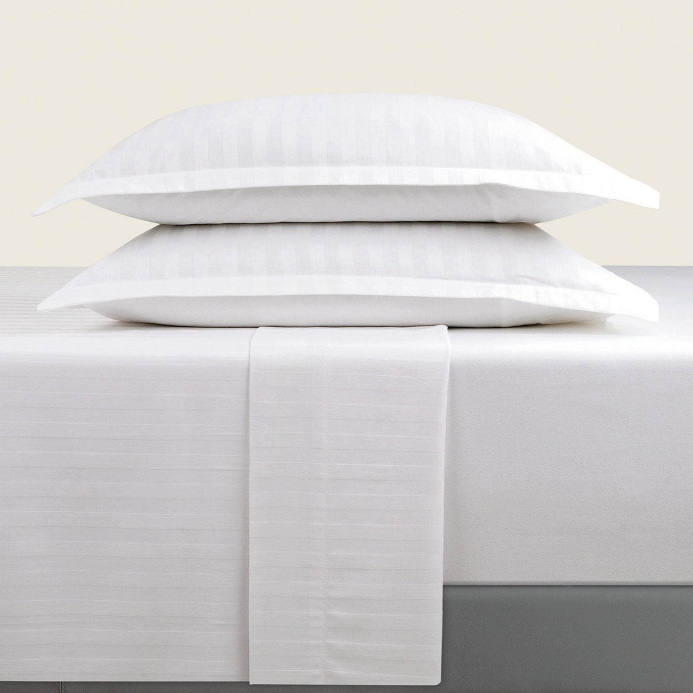 Jacquard - Ensemble De Draps - Satin De Coton Rayure Tissé Dobby - Blanc 01