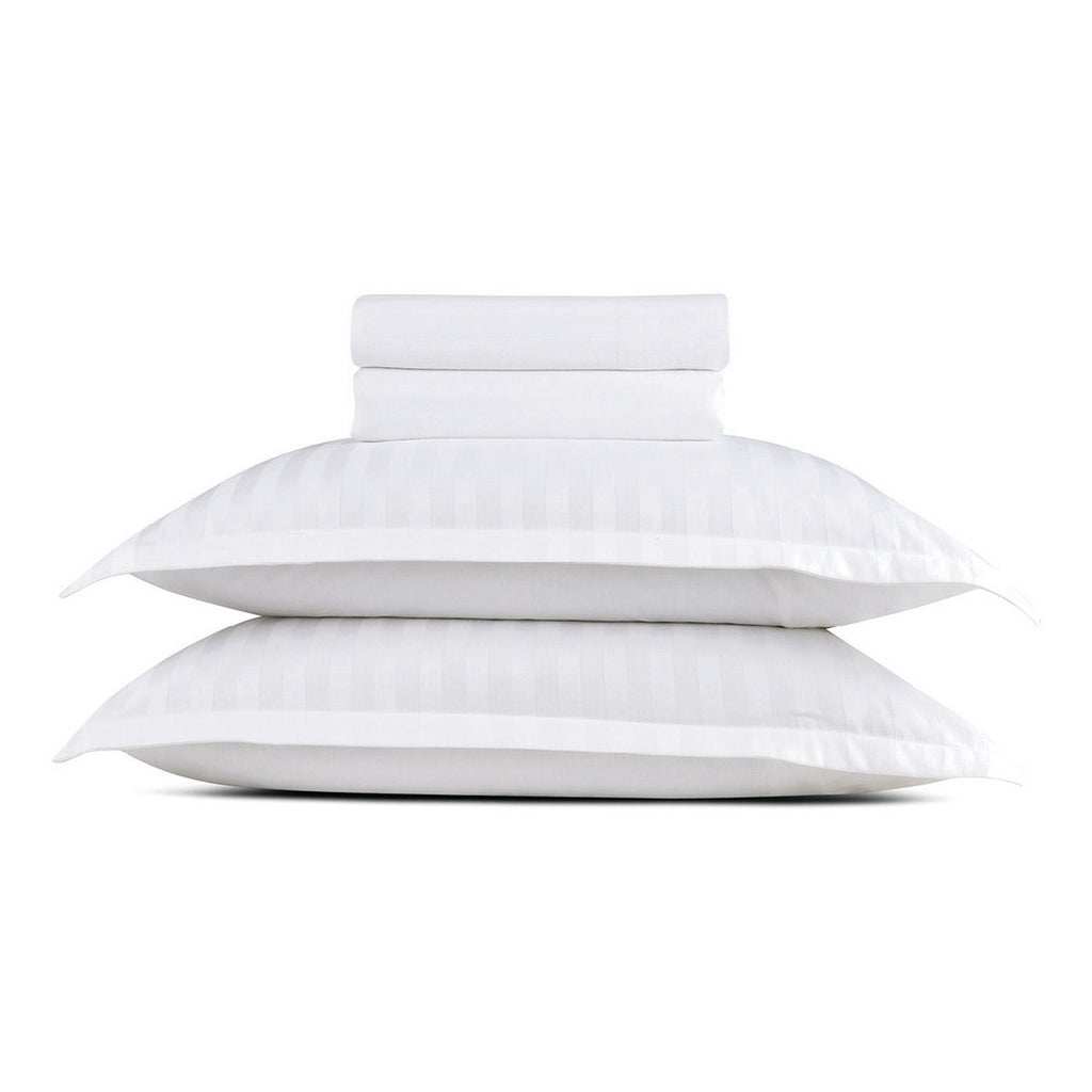Jacquard - Ensemble De Draps - Satin De Coton Rayure Tissé Dobby - Blanc 01