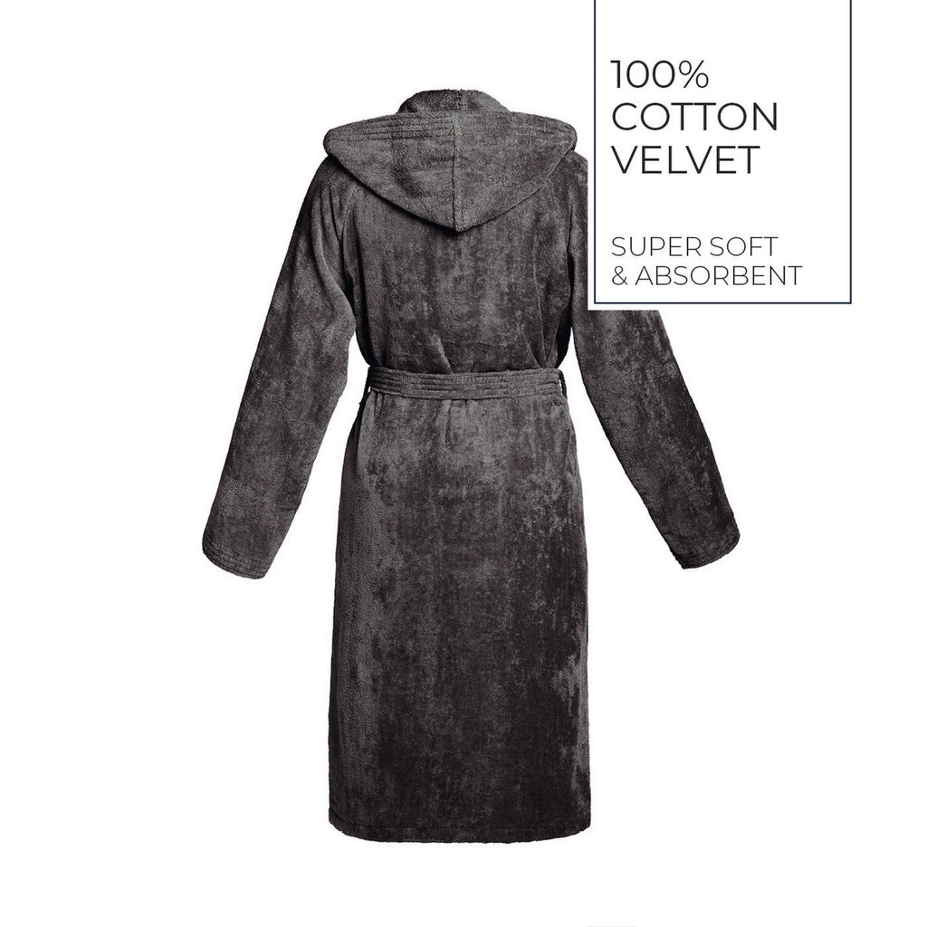 Uni - Peignoir Coton Velours Avec Capuche - Gris Foncé