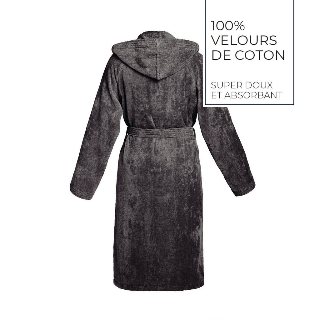 Uni - Peignoir Coton Velours Avec Capuche - Gris Foncé