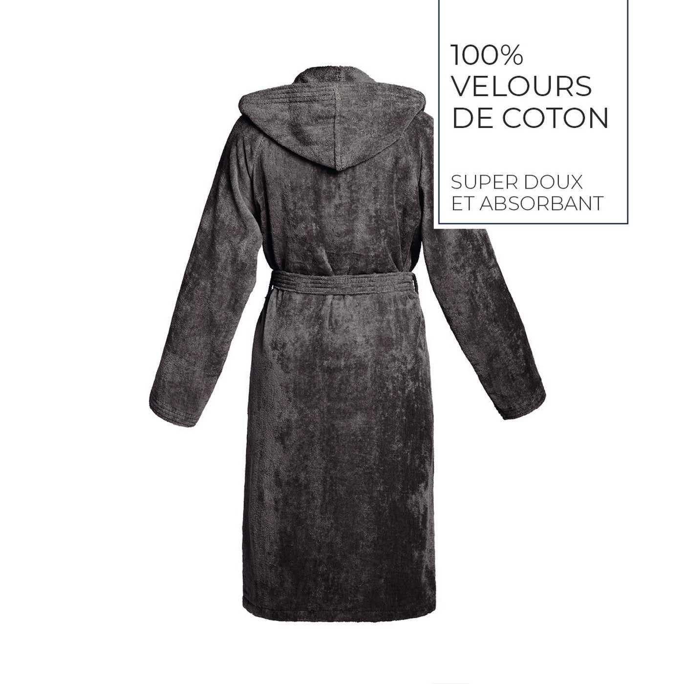 Uni - Peignoir Coton Velours Avec Capuche - Gris Foncé