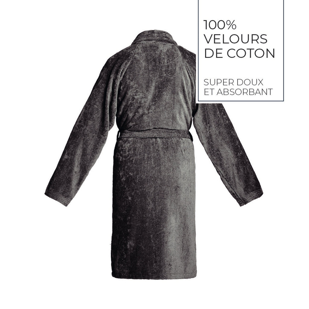 Uni - Peignoir Avec Col Châle En Coton Velours - Gris Foncé
