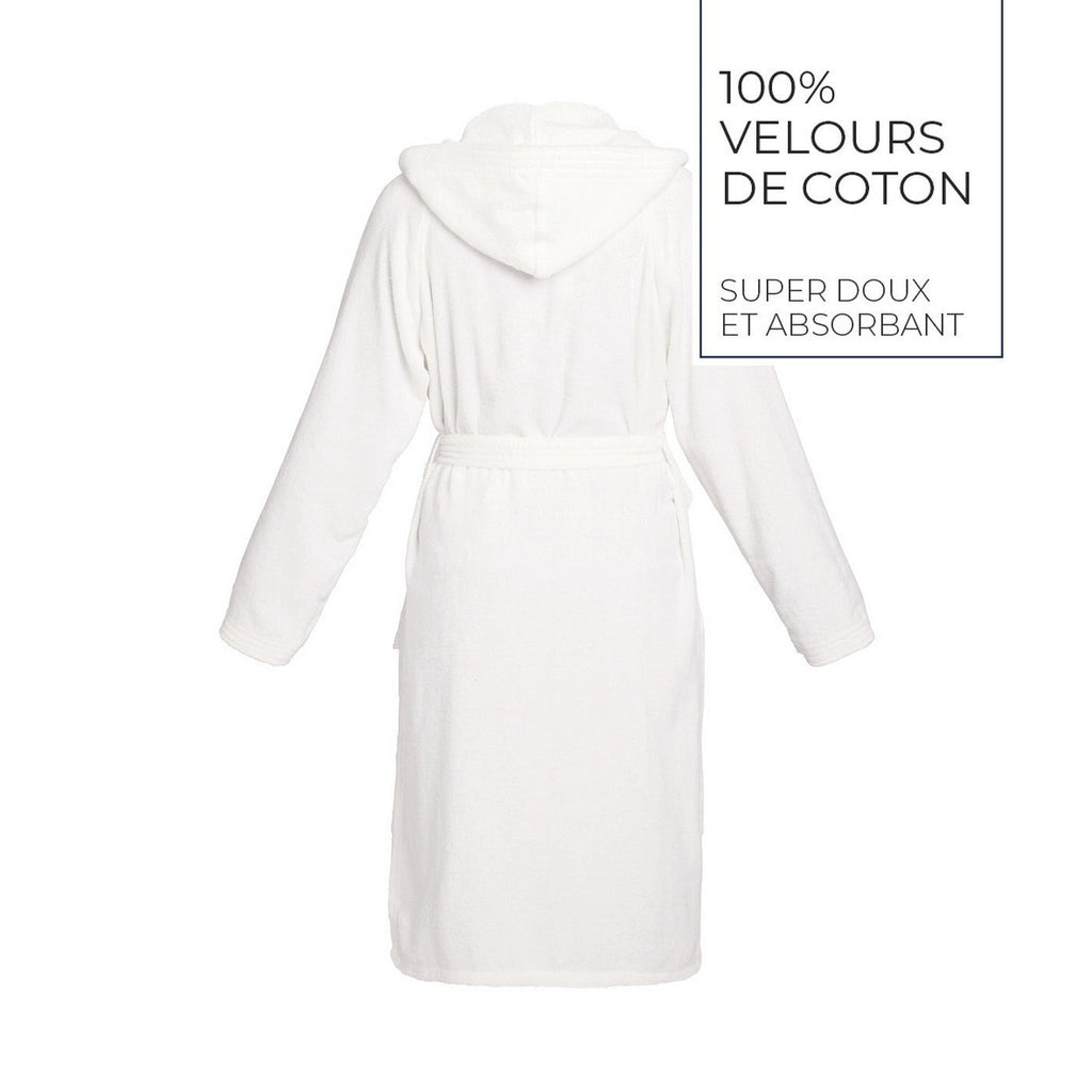 Uni - Peignoir Coton Velours Avec Capuche - Blanc