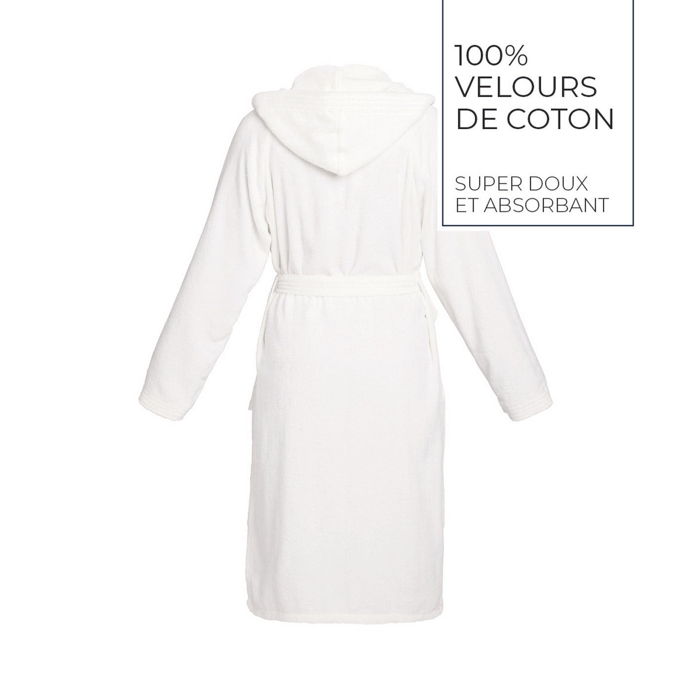 Uni - Peignoir Coton Velours Avec Capuche - Blanc
