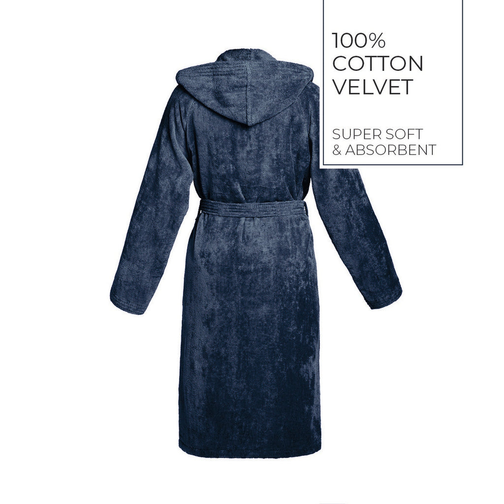 Uni - Peignoir Coton Velours Avec Capuche - Bleu Foncé