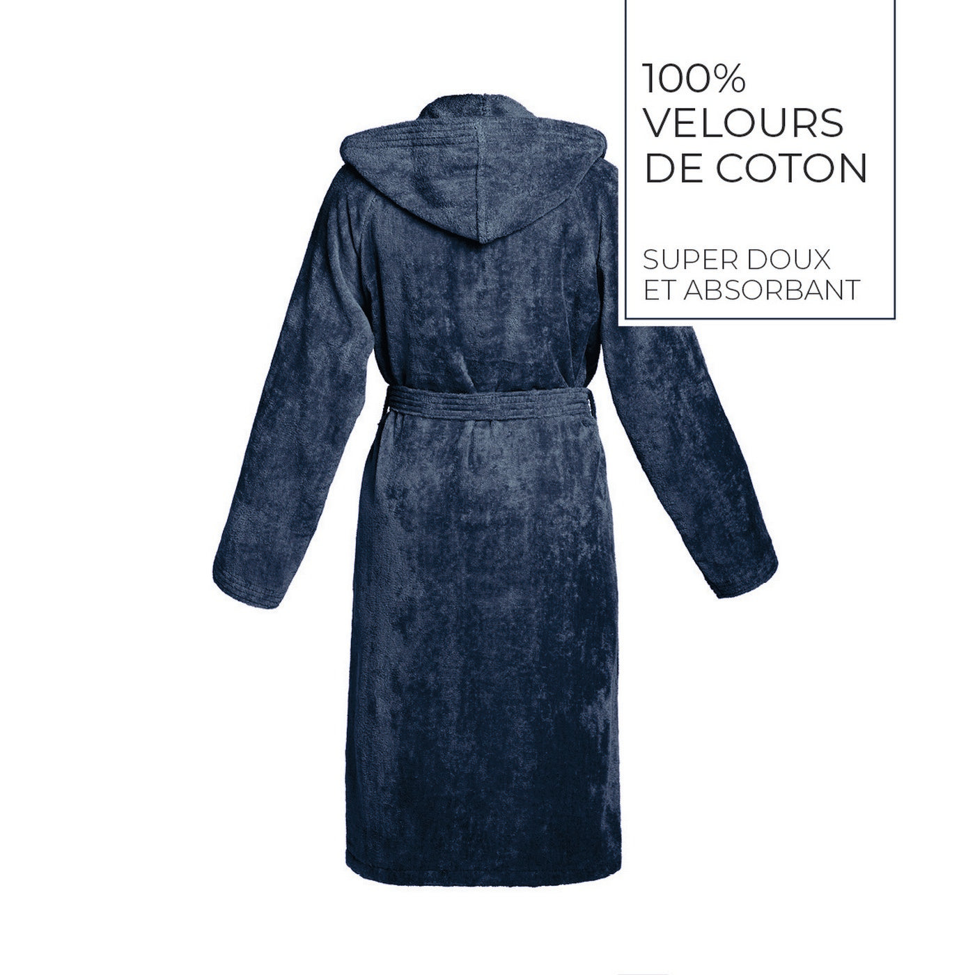 Uni - Peignoir Coton Velours Avec Capuche - Bleu Foncé