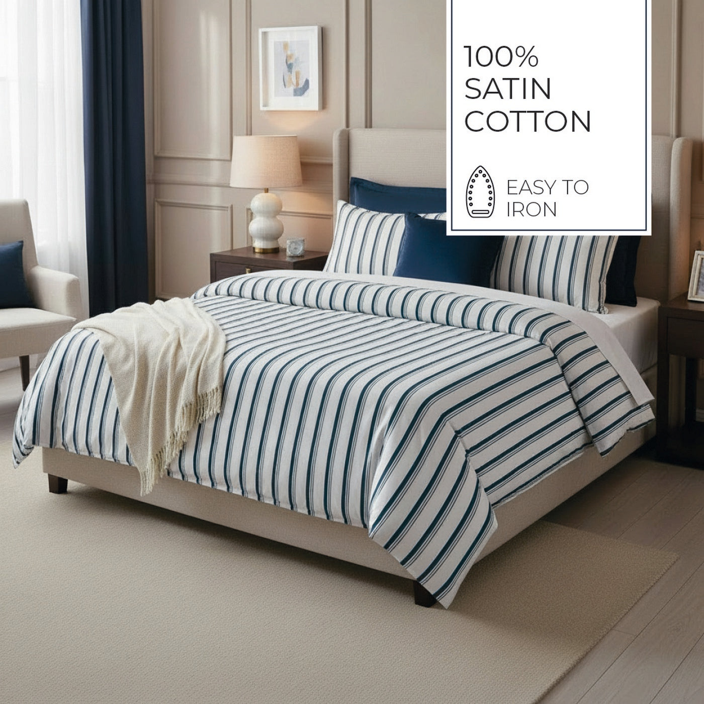 Mateo - Housse De Couette + 1 Ou 2 Taie(S) D'Oreiller - Satin De Coton - Blanc / Bleu
