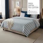 Mateo - Housse De Couette + 1 Ou 2 Taie(S) D'Oreiller - Satin De Coton - Blanc / Bleu