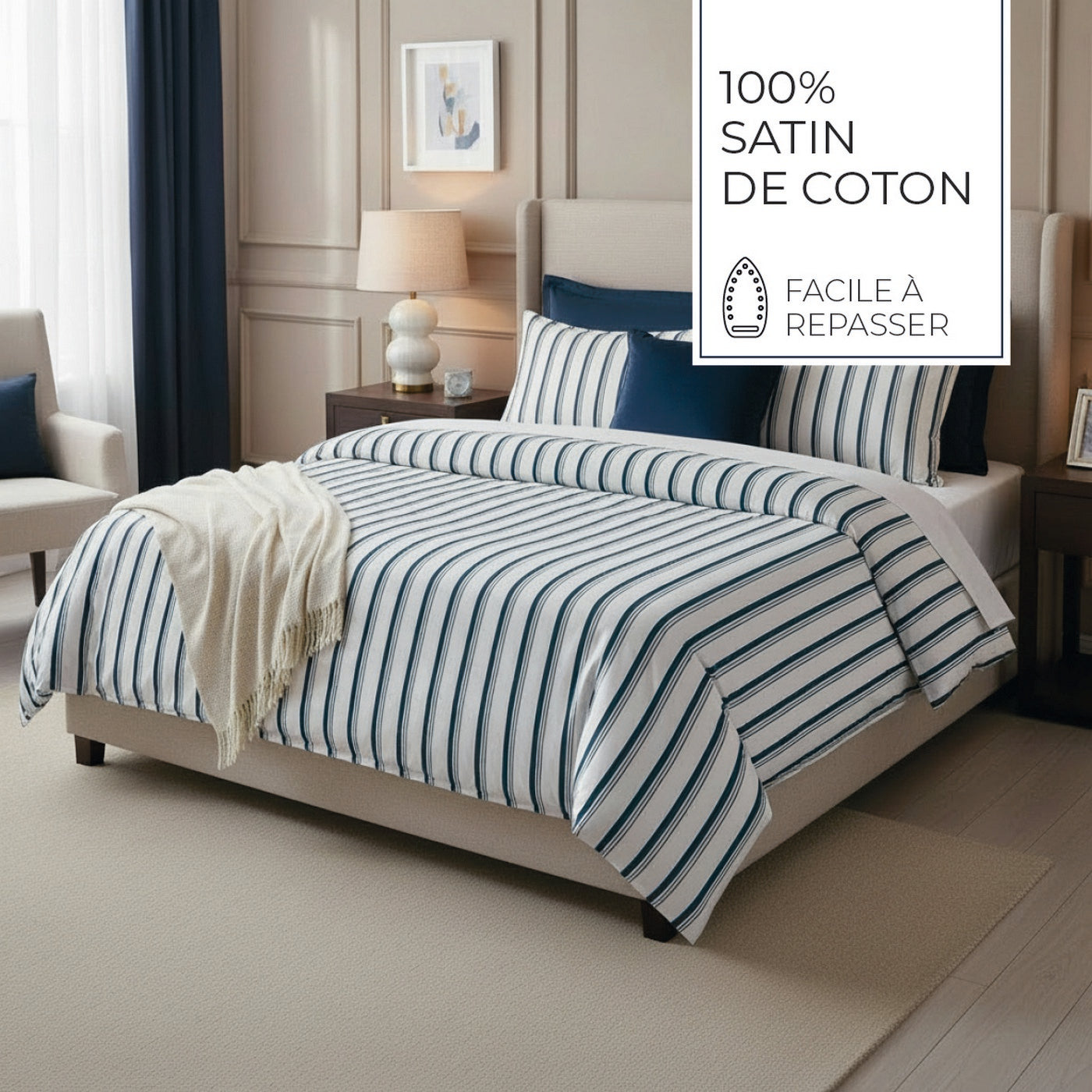 Mateo - Housse De Couette + 1 Ou 2 Taie(S) D'Oreiller - Satin De Coton - Blanc / Bleu