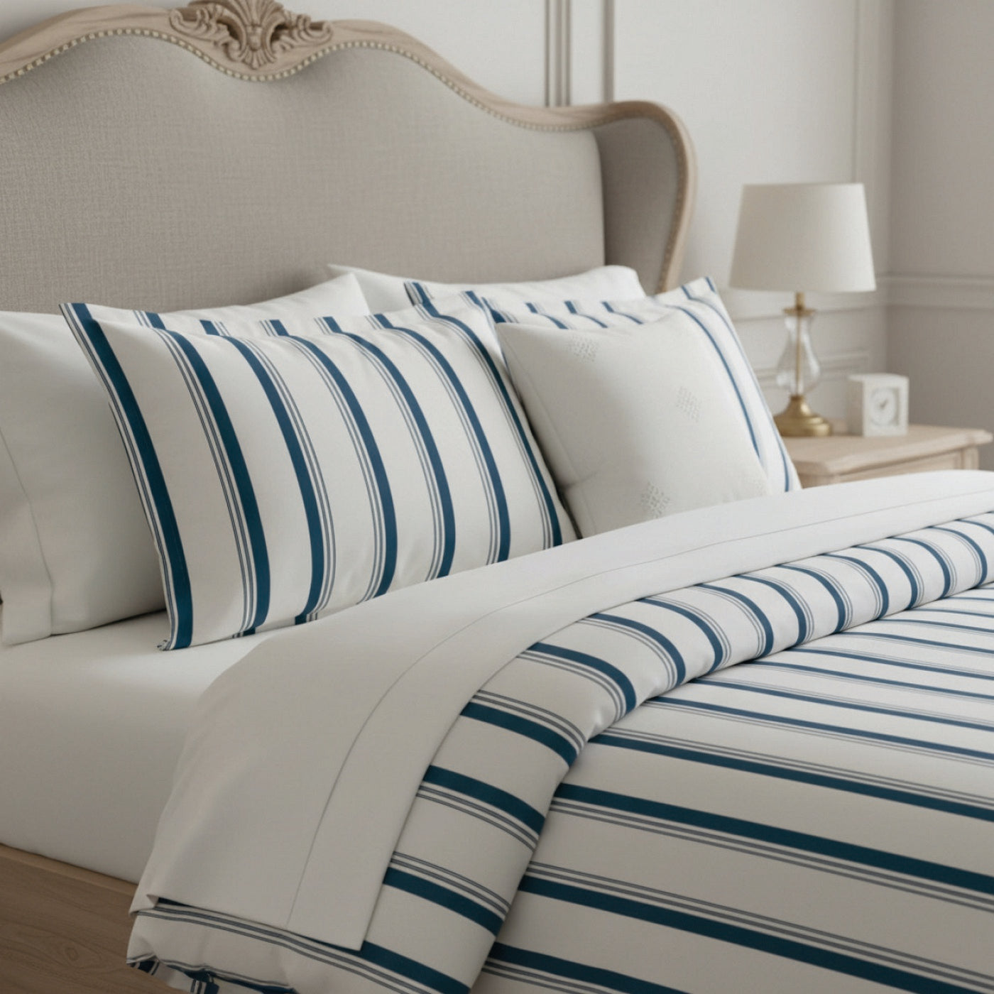 Mateo - Housse De Couette + 1 Ou 2 Taie(S) D'Oreiller - Satin De Coton - Blanc / Bleu