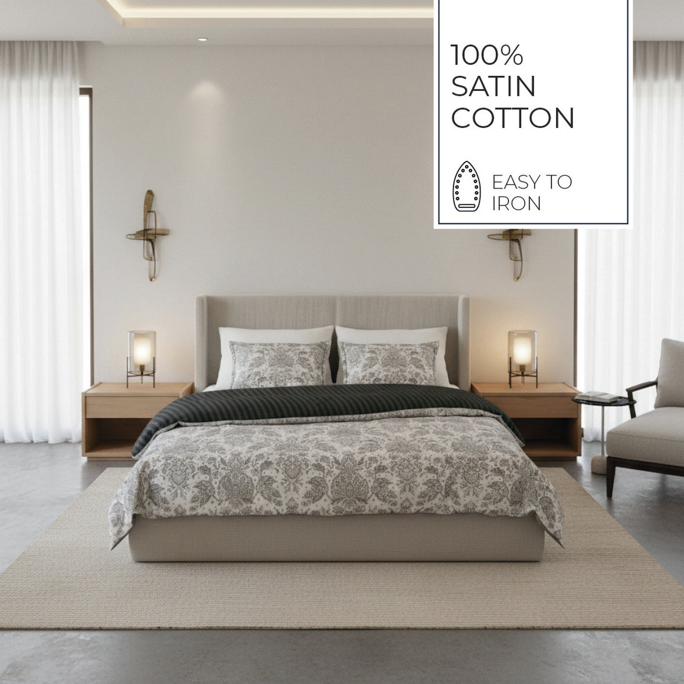 Élégance Persane - Housse De Couette + 1 Ou 2 Taie(S) D'Oreiller - Satin De Coton - Beige