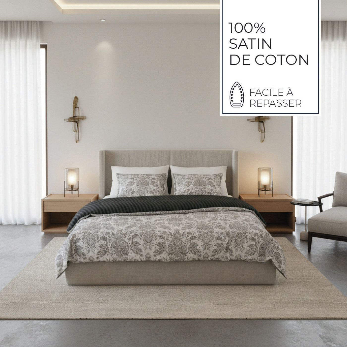 Élégance Persane - Housse De Couette + 1 Ou 2 Taie(S) D'Oreiller - Satin De Coton - Beige