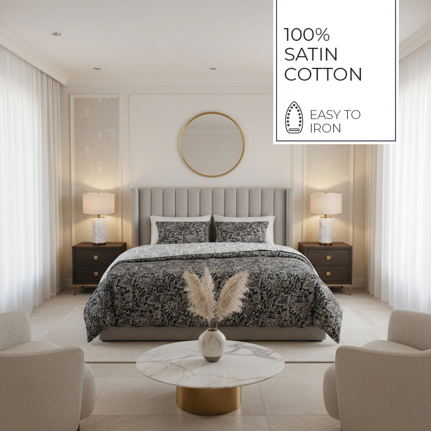 Buta - Housse De Couette + 1 Ou 2 Taie(S) D'Oreiller - Satin De Coton - Noir