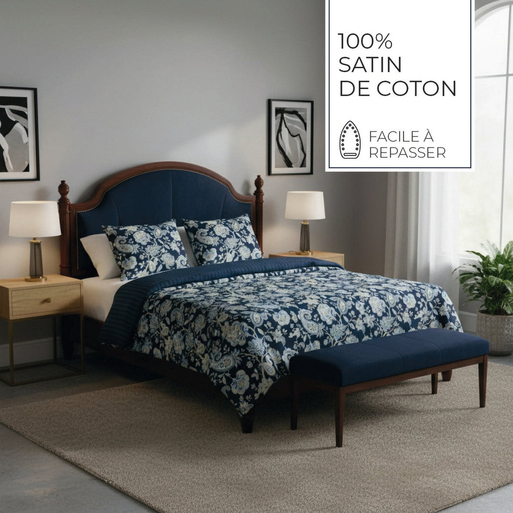 Bleu Baroque - Housse De Couette + 1 Ou 2 Taie(S) D'Oreiller - Satin De Coton - Bleu Foncé