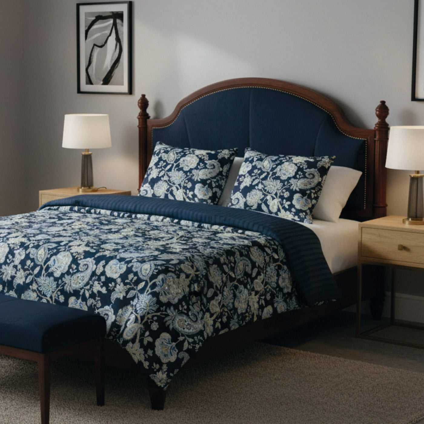 Bleu Baroque - Housse De Couette + 1 Ou 2 Taie(S) D'Oreiller - Satin De Coton - Bleu Foncé