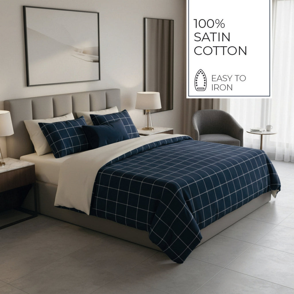 Aurélie - Housse De Couette + 1 Ou 2 Taie(S) D'Oreiller - Satin De Coton - Bleu Foncé