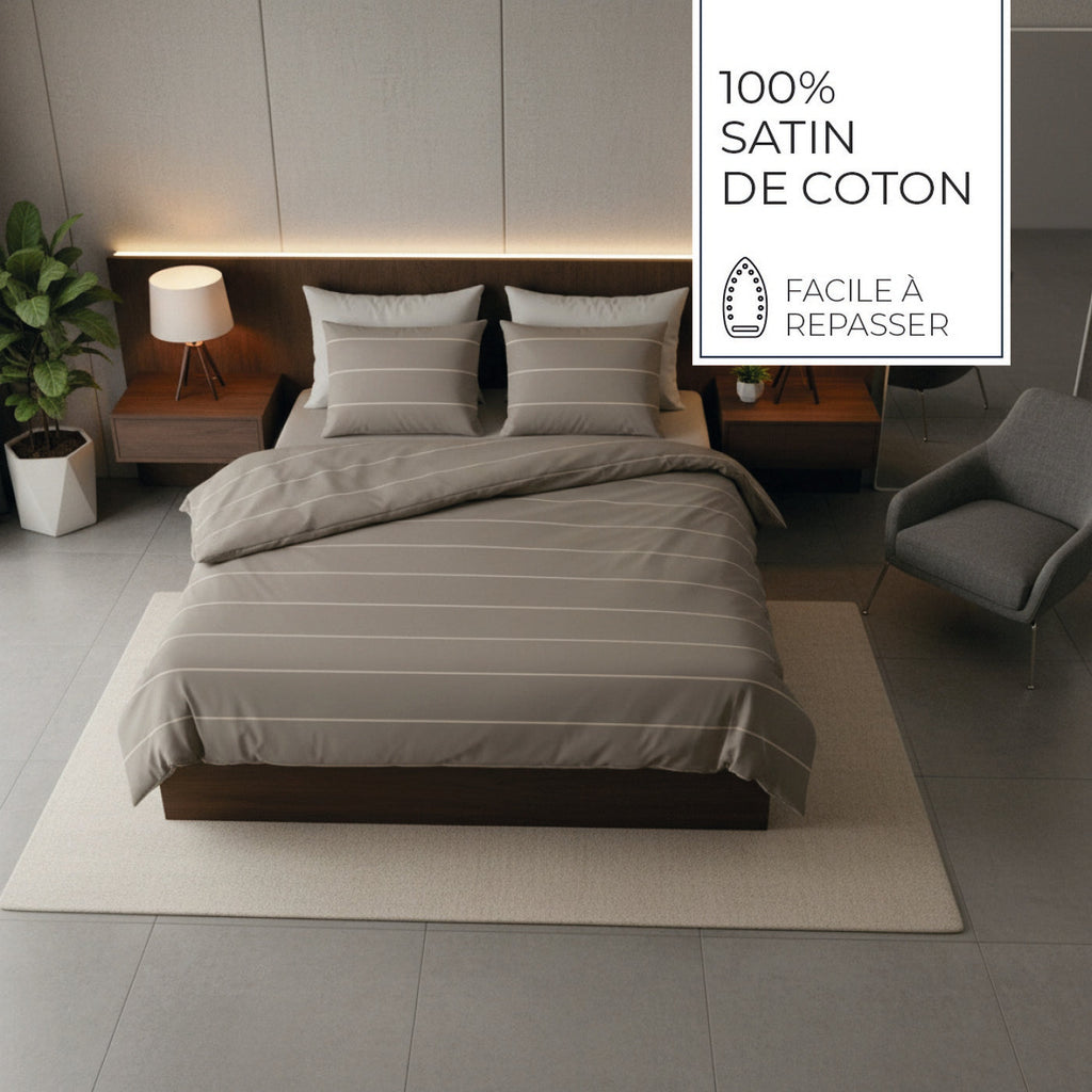 Lucien - Housse De Couette + 1 Ou 2 Taie(S) D'Oreiller - Satin De Coton - Taupe