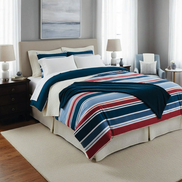 Horizon Tricolore - Housse De Couette + 1 Ou 2 Taie(S) D'Oreiller - Satin De Coton - Bleu Foncé
