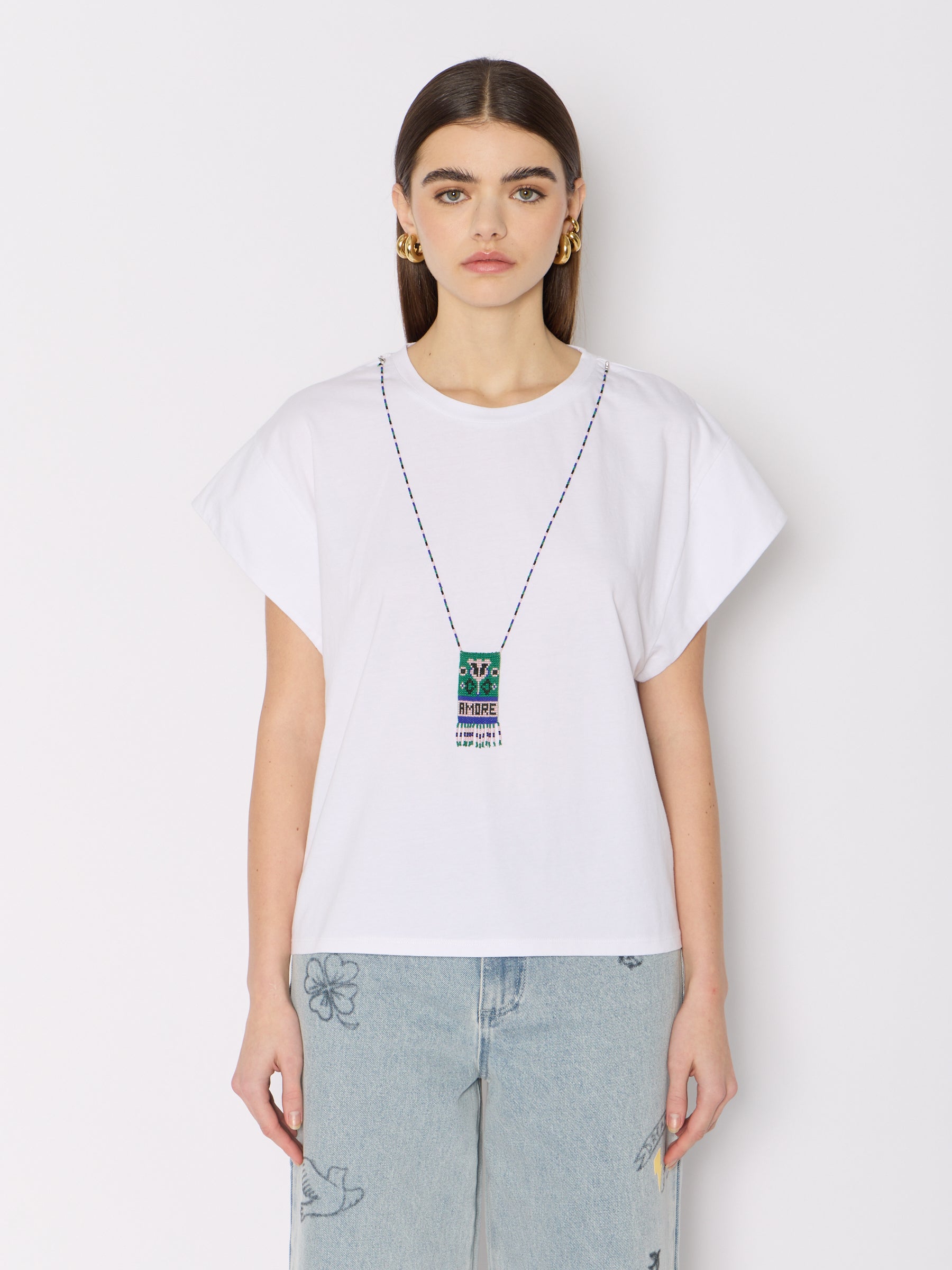 Tshirt Avec Collier Perles - White