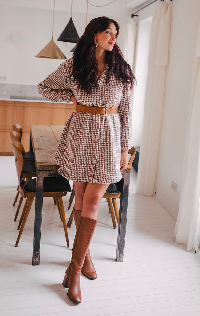 Robe Lison Pied De Poule Camel