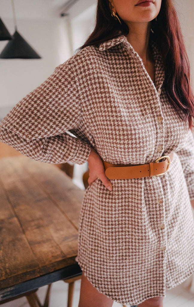Robe Lison Pied De Poule Camel